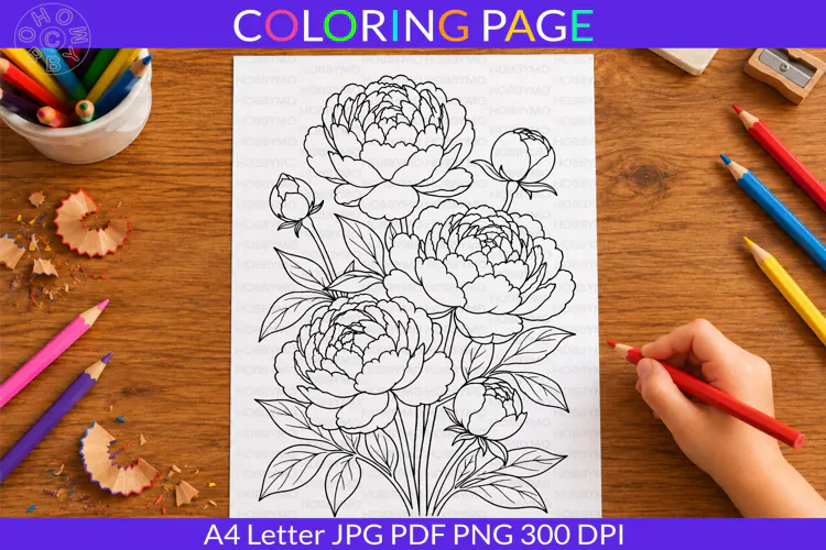 Peony coloring page A4 Letter JPG PDF PNG