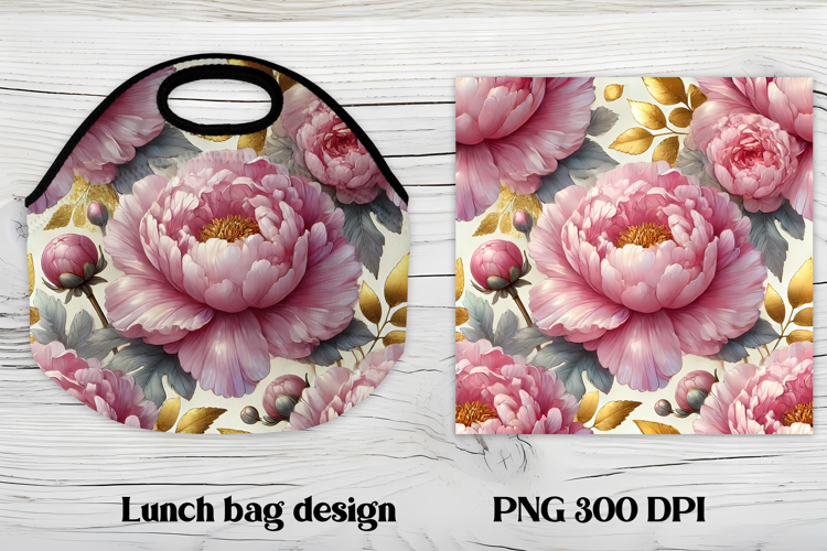 Flower peony gold lunch bag design | Floral lunch bag design