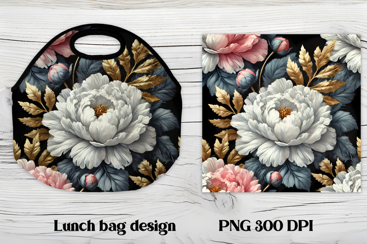 Flower peony gold lunch bag design | Floral lunch bag design