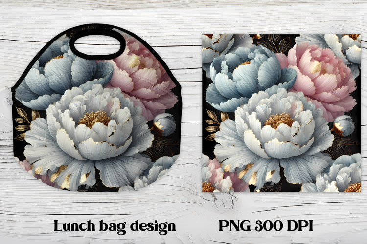 Flower peony gold lunch bag design | Floral lunch bag design