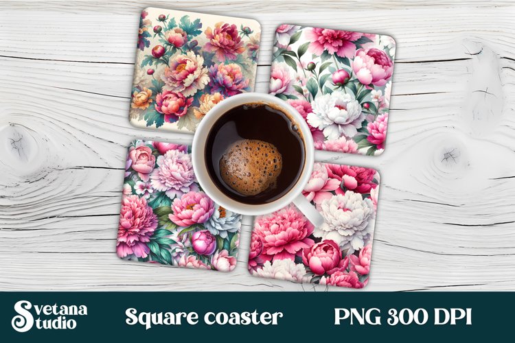 Peonies square coaster sublimation | Flower coaster PNG