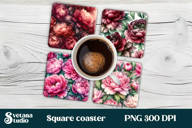 Peonies square coaster sublimation | Flower coaster PNG