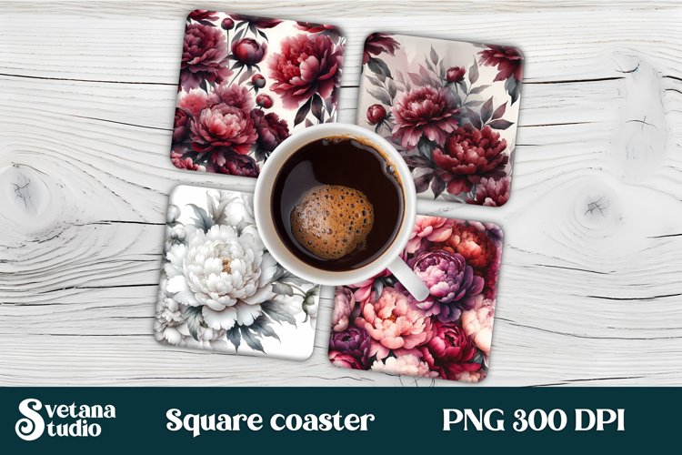 Peonies square coaster sublimation | Flower coaster PNG example image 1