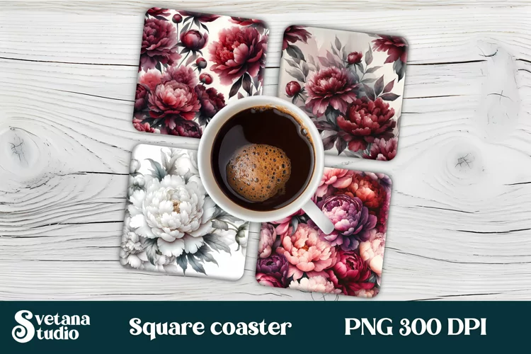 Peonies square coaster sublimation | Flower coaster PNG