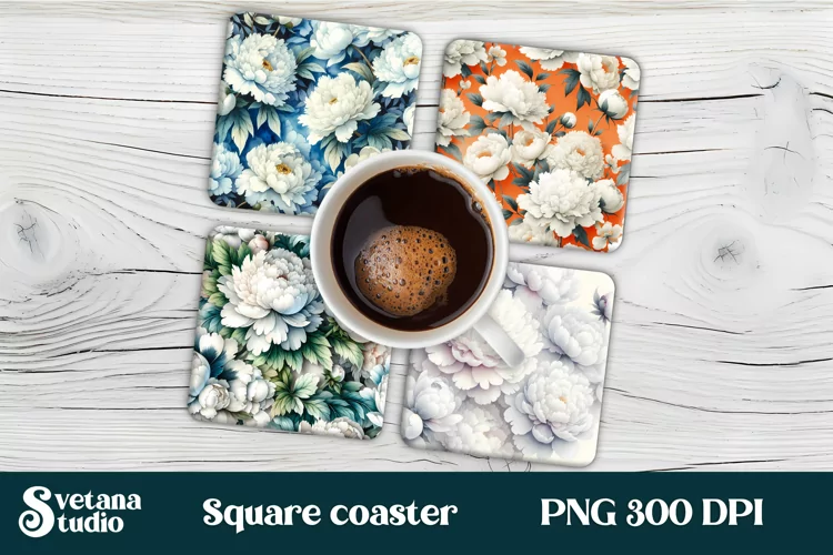 Peonies square coaster sublimation | Flower coaster PNG