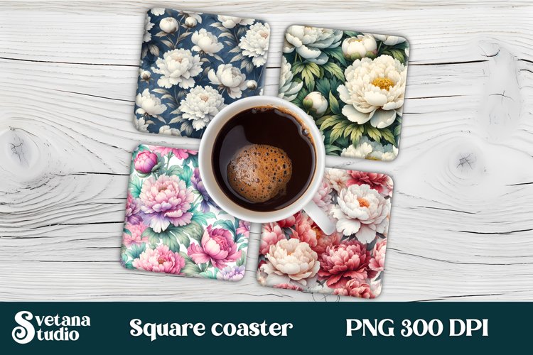 Peonies square coaster sublimation | Flower coaster PNG