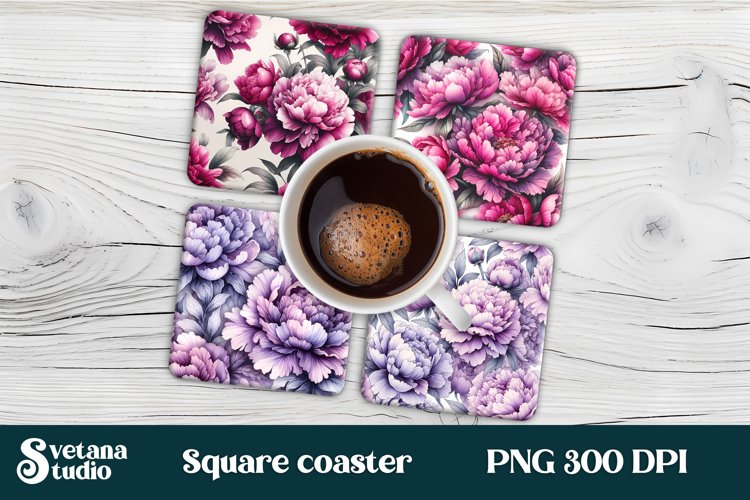 Peonies square coaster sublimation | Flower coaster PNG example image 1