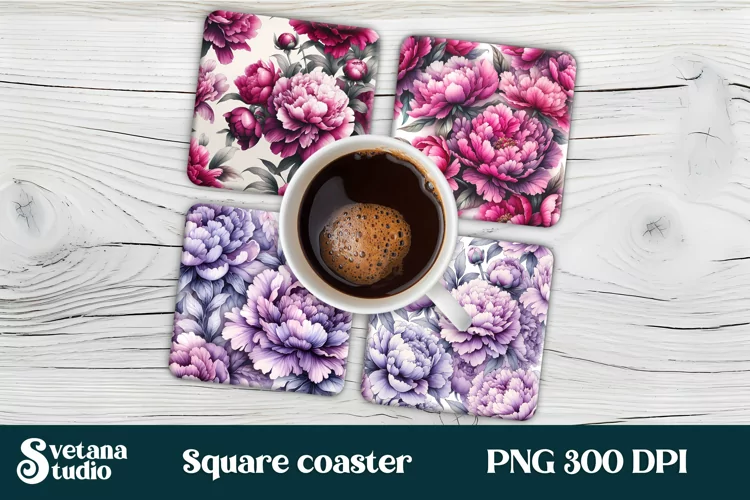 Peonies square coaster sublimation | Flower coaster PNG