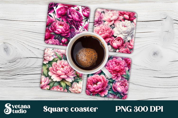 Peonies square coaster sublimation | Flower coaster PNG
