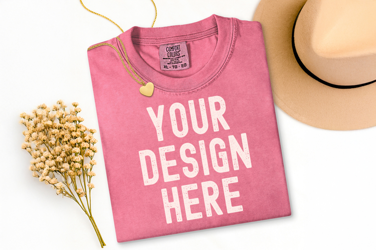 Comfort Colors C1717 Peony Shirt Mockup, Flat Lay Mockup