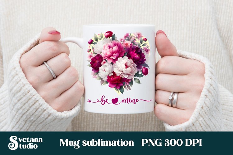 Valentines mug PNG sublimation | Peony heart mug wrap