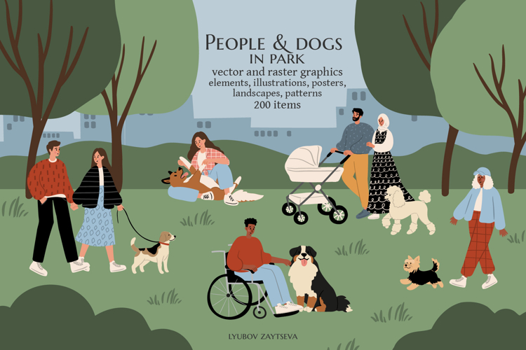People and dogs in park illustration, dog lovers patterns