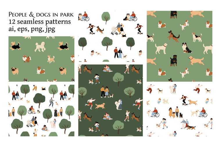 People and Pets Seamless Pattern, Dog Vector Set