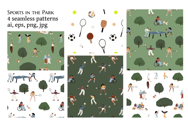 Park activity seamless patterns, People playing sports set