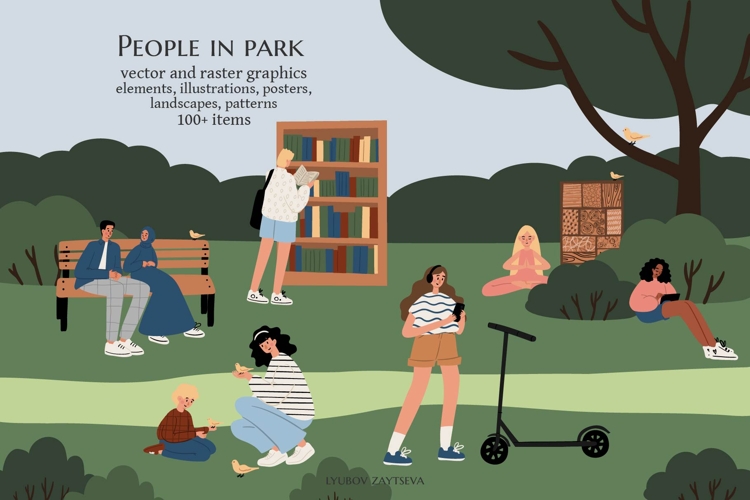 People in Park Illustration Set, Patterns and Landscapes