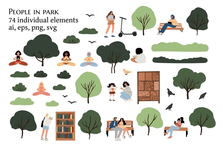 Diverse Characters and Park Elements Illustration Collection