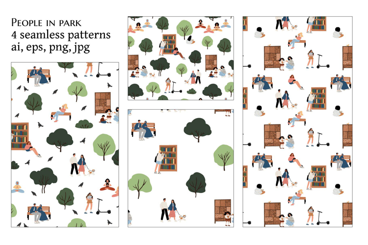 Seamless patterns featuring diverse people in park scenes