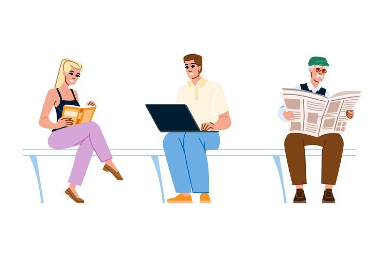 Diverse people engaging with information on bench