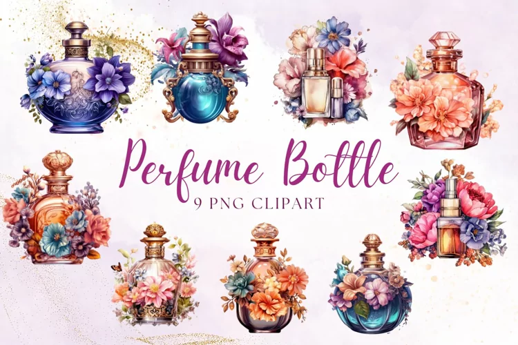 Vintage Perfume Bottle Flower Watercolor Clipart Sublimation