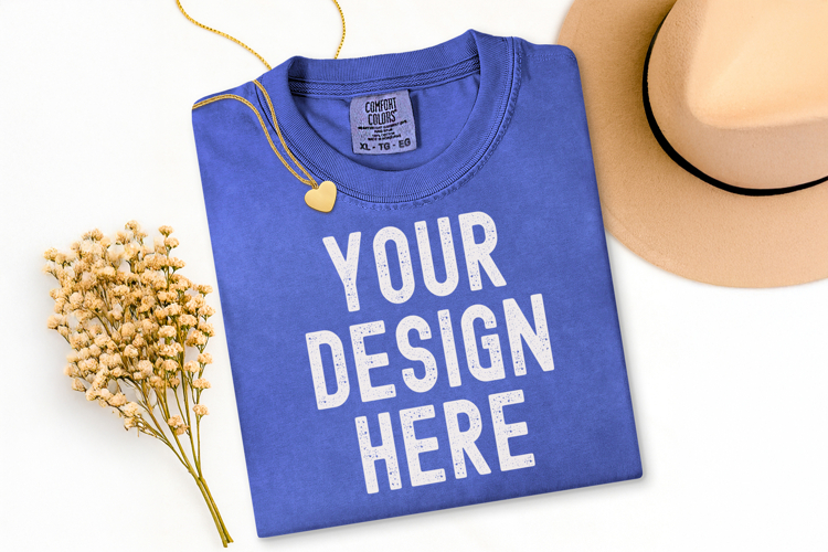 Comfort Colors C1717 Periwinkle Shirt Mockup, Flat Lay Shirt