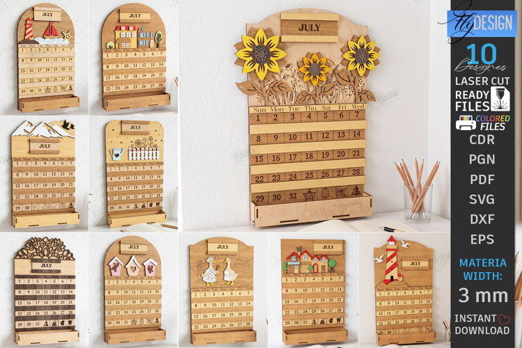 3D Wooden Perpetual Calendar Laser Cut Bundle | Home Decor