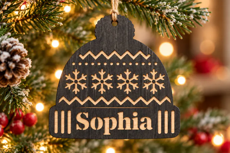 Personalized Christmas Beanie SVG, Snowflake Name Bauble
