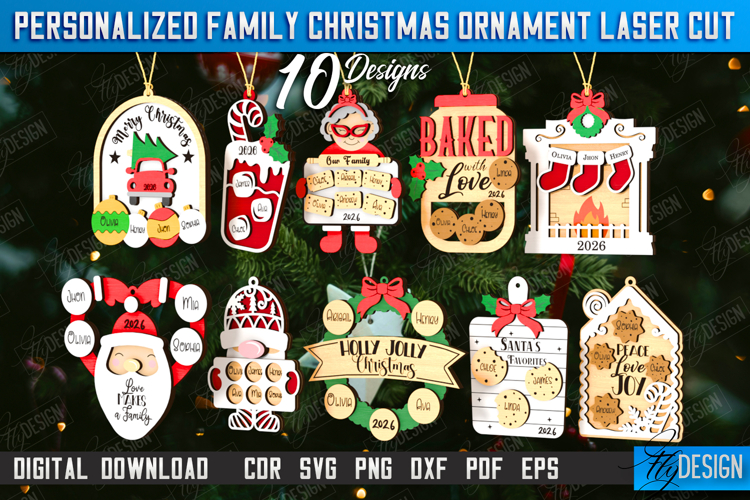 Personalized Family Christmas Ornaments Laser Cut Bundle