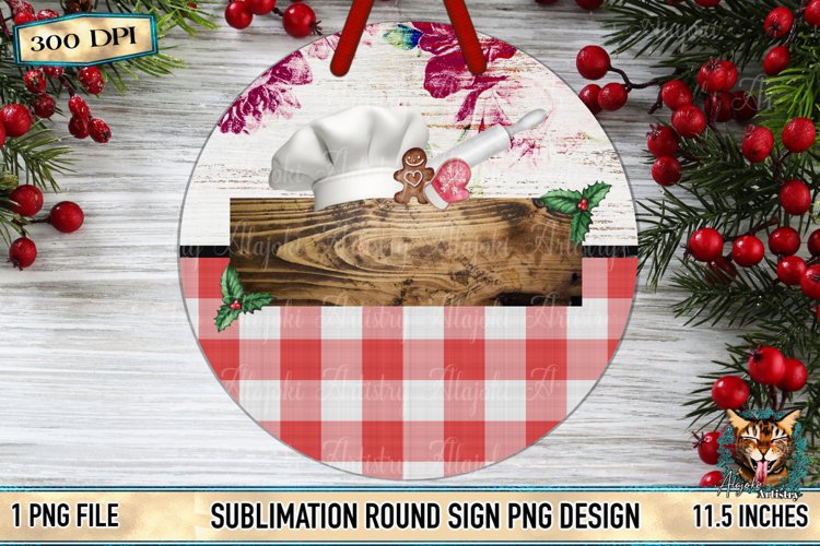 Christmas Round Sign Design with Floral Print and Red Plaid