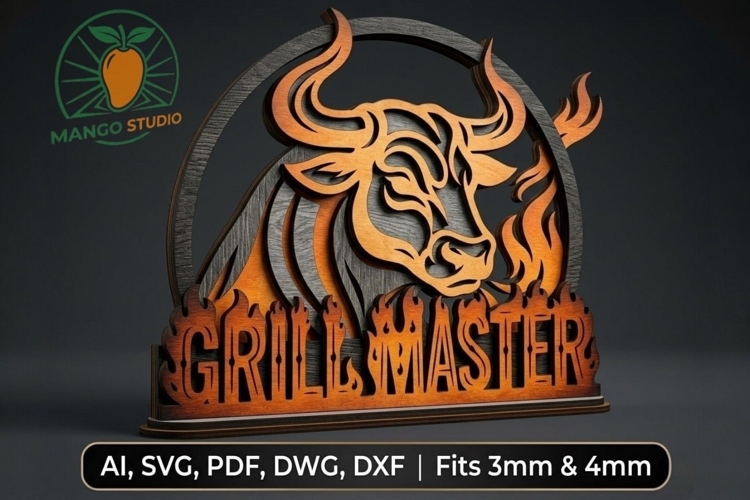 3D Bull Grill Master Layered Laser File