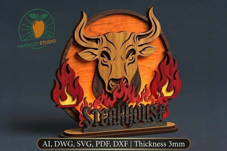 3D Bull Steakhouse Layered Laser Cut SVG