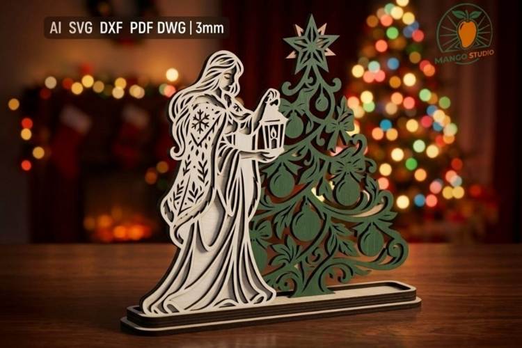 3D Christmas Tree & Girl Lantern SVG