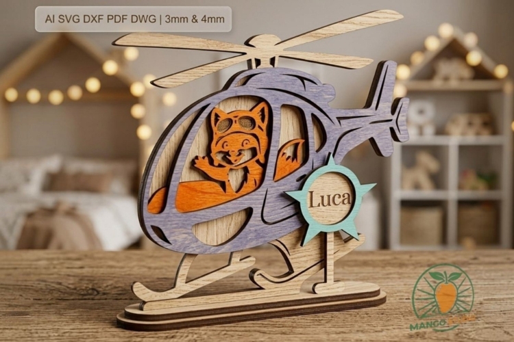 3D Layered Wood Helicopter Fox SVG File
