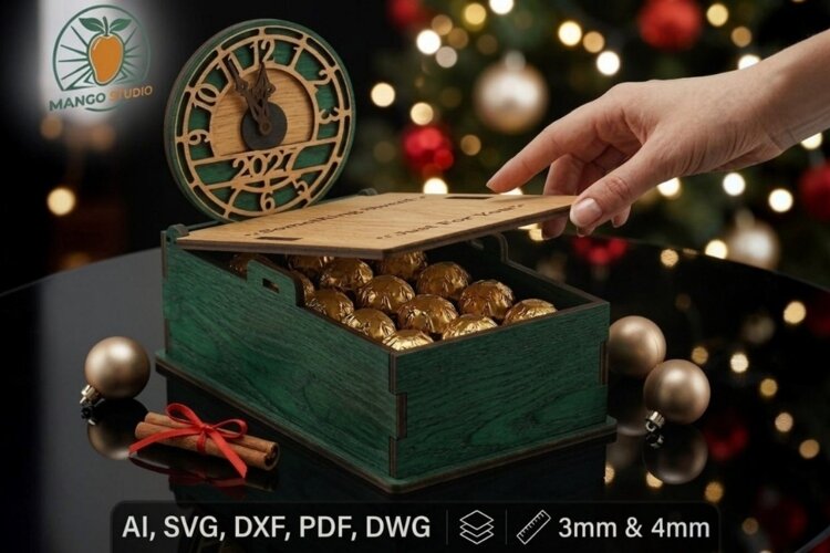 New Year 2027 Countdown Gift Box & Clock Laser Cut example image 1