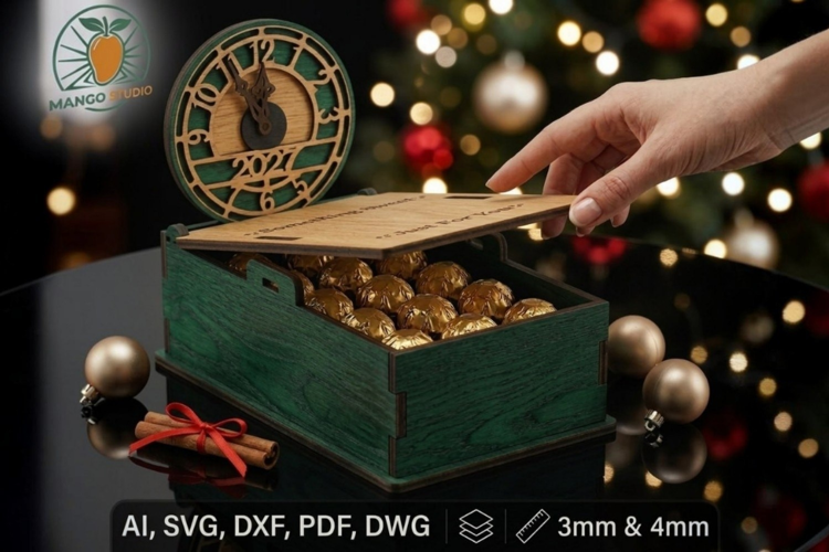 New Year 2027 Countdown Gift Box & Clock Laser Cut
