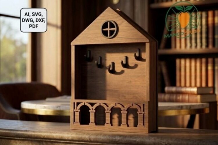 Wooden Key Holder House Laser Cut Vector File example image 1