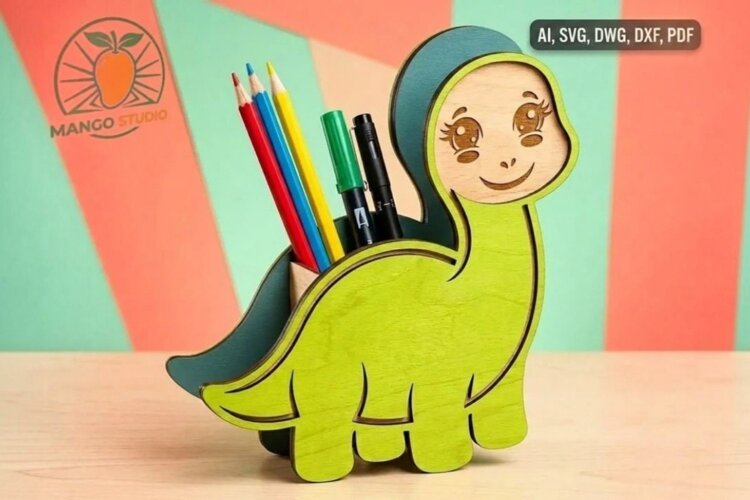 Cute Dinosaur Pencil Holder SVG Laser Cut File example image 1