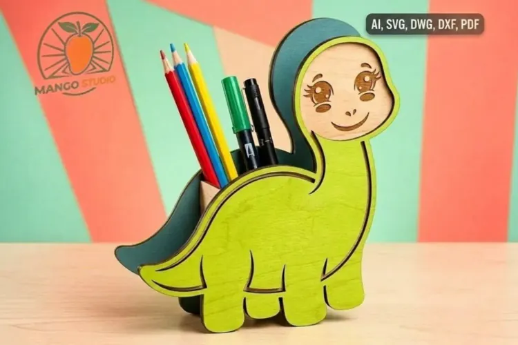 Cute Dinosaur Pencil Holder SVG Laser Cut File