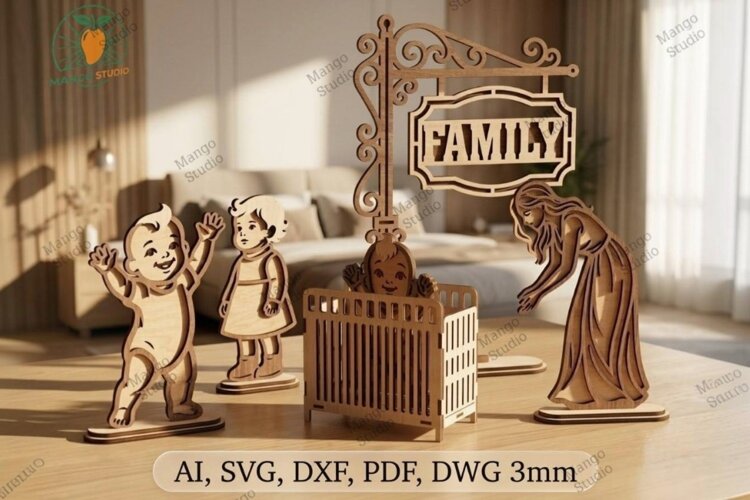 3D Layered Family Nursery Scene Laser Cut example image 1