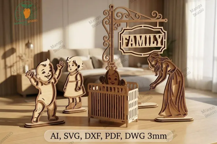3D Layered Family Nursery Scene Laser Cut