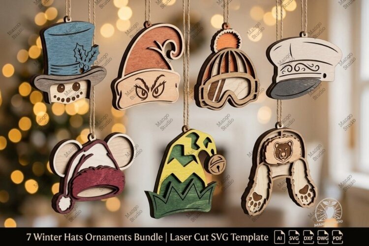 7 Winter Hats Ornaments Laser Cut SVG example image 1