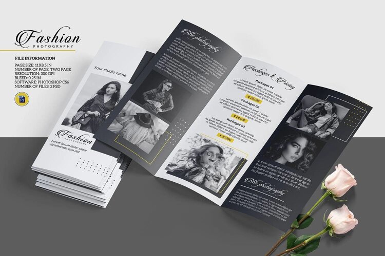 Fashion photography trifold brochure template for presenting photography services, packages, pricing, studio details, and portfolio images.