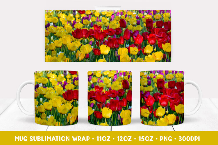 Tulips field Mug Wrap Sublimation. Flowers Mug Design 012 example image 1