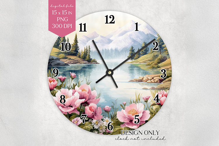 Mountain Lake Wall Clock Sublimation Design PNG