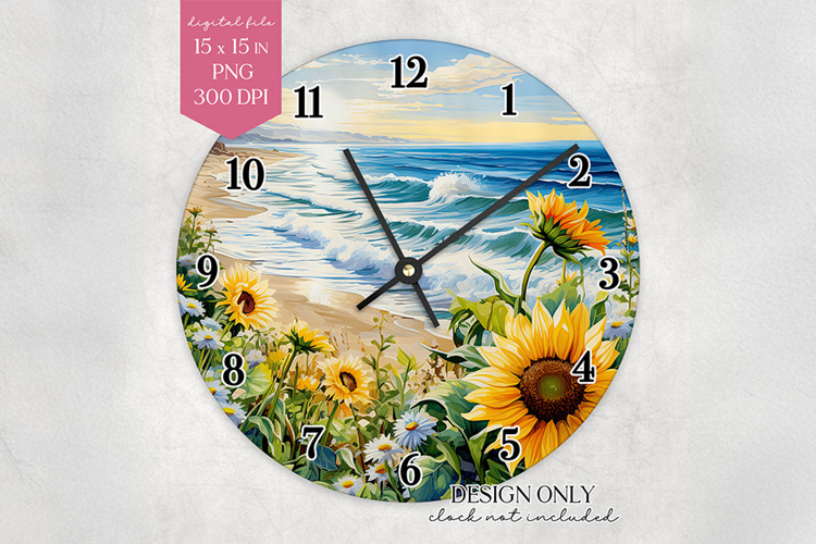 Sunflower Beach Wall Clock Sublimation Design PNG