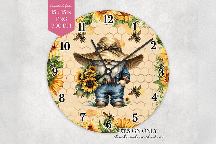 Sunflower Gnome Wall Clock Sublimation Design PNG
