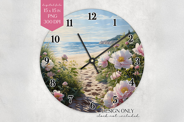 Beach Floral Wall Clock Sublimation Design PNG