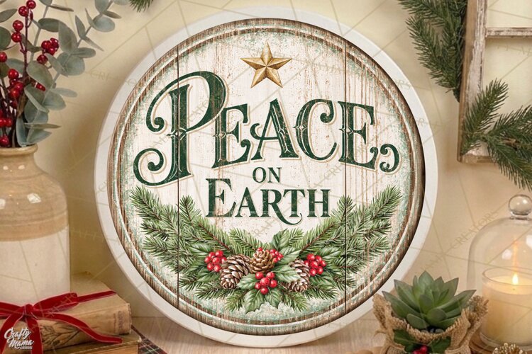 Peace On Earth | Vintage Christmas Door Sign PNG example image 1