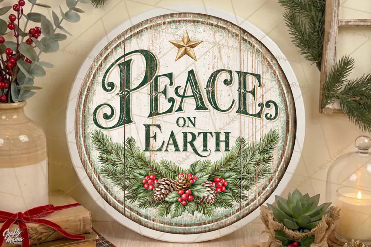 Peace On Earth | Vintage Christmas Door Sign PNG