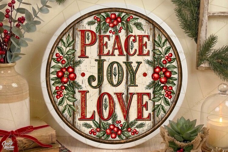 Peace Joy Love | Vintage Christmas Door Sign PNG example image 1