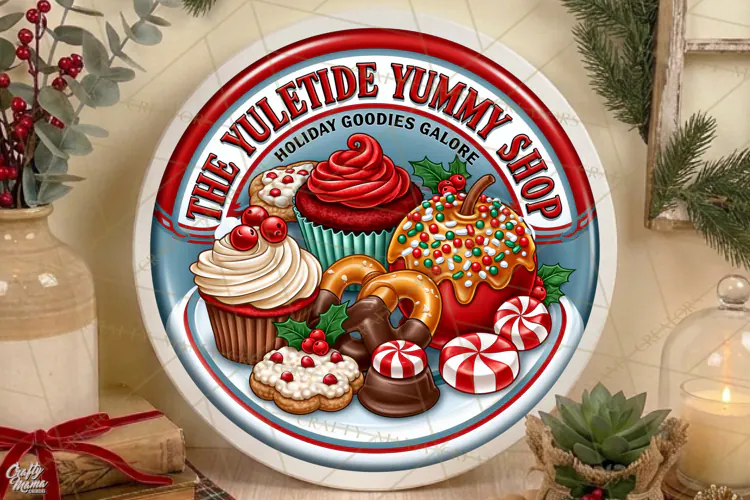 Yuletide Yummy Shop | Retro Christmas Door Sign PNG